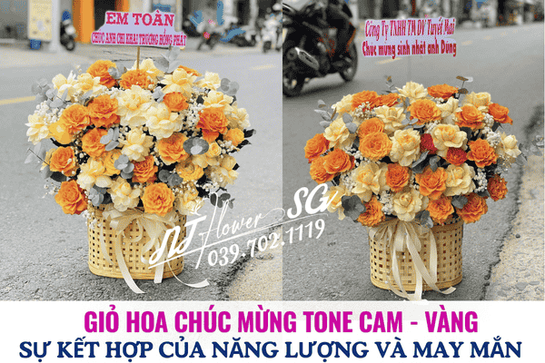 Giỏ Hoa Chúc Mừng Tông Cam – Vàng Tươi Sáng, May Mắn, Ý Nghĩa